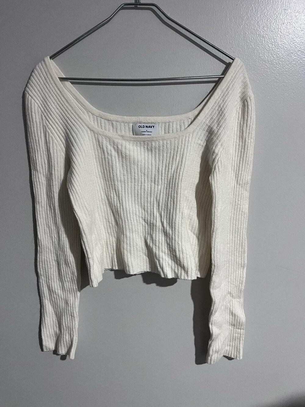 Old Navy Sweater Womens S White Ribbed Square Neck Tight-Knit Stretch Pullover